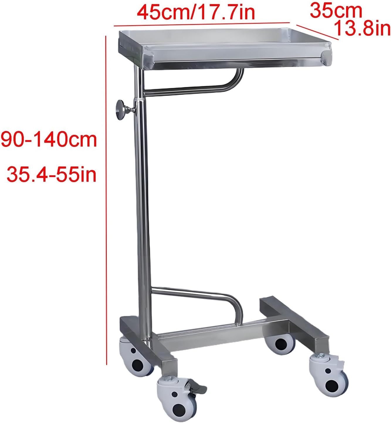 Mayo Instrument Stand with Mobile 4 Caster Base, Adjustable Height 35.4'-55', for Spa, Salon, Clinic, Personal Care(45x35x(90-140) cm)