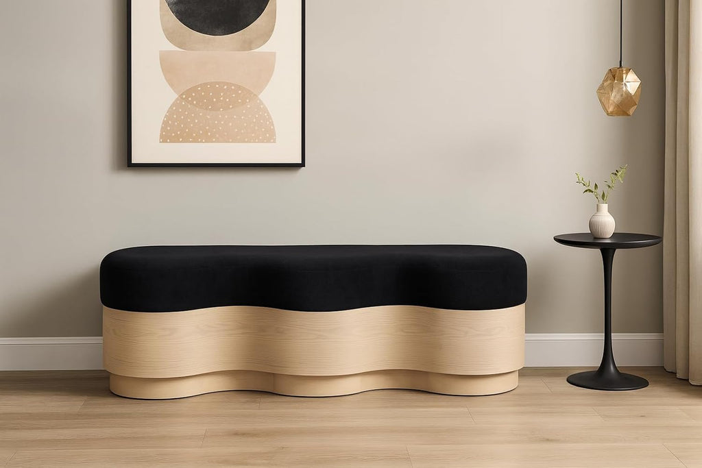 Meridian Furniture 22080Black Savoy Collection Art Deco Bench with Soft Black Velour Fur Fabric, Rich Natural Finish, Mix of Solid Wood & MDF, 60' W x 18.5' D x 18.5' H, Black