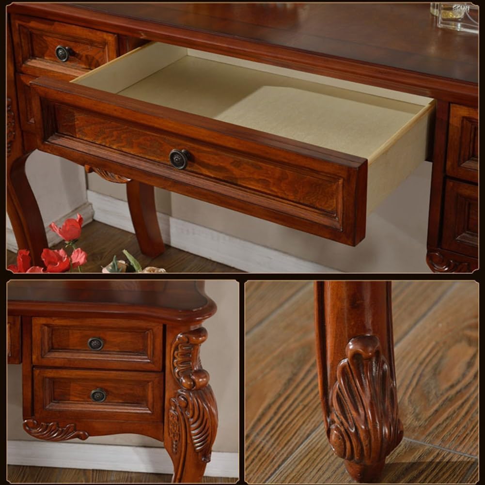 Mid Century European Antique Makeup Vanity, Vintage Brown Makeup Table with 5 Drawers and Mirror, Fabric Upholstered Stool, Bedroom Dressing Table for Women Girls (100cm/39in)