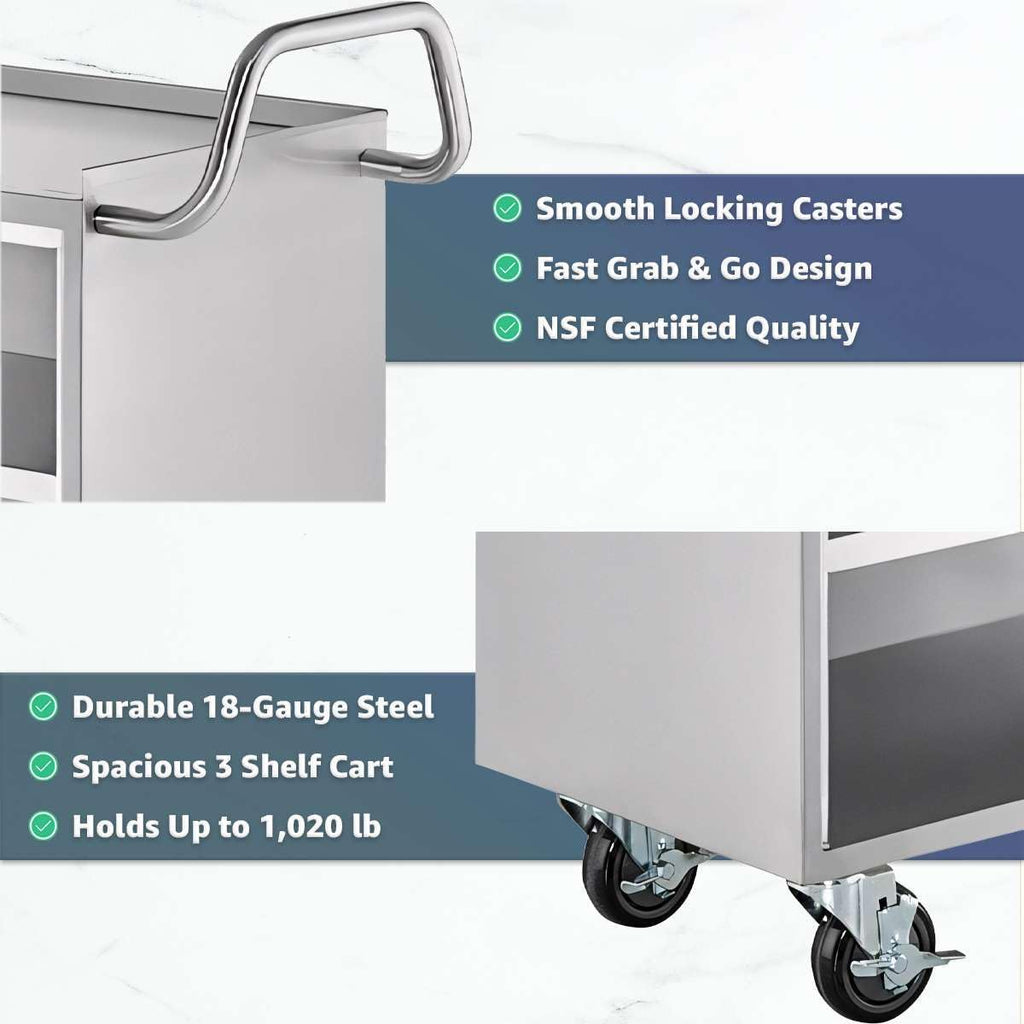 18' x 30' Stainless Steel Utility Cart with Enclosed Base and Open Front - 3 Shelf Heavy-Duty Commercial Service Cart - NSF Rolling Cart for Kitchen, Catering, Restaurant Storage