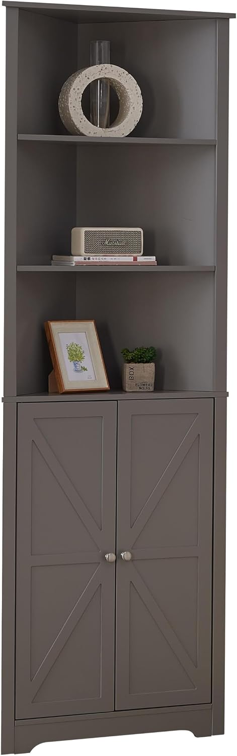 Kings Brand Furniture Tall Wooden Corner Cabinet with 2 Doors and 5 Shelves Storage Shelf Organizer, Home Space Saver, Bathroom, Kitchen, Living Room, Grey