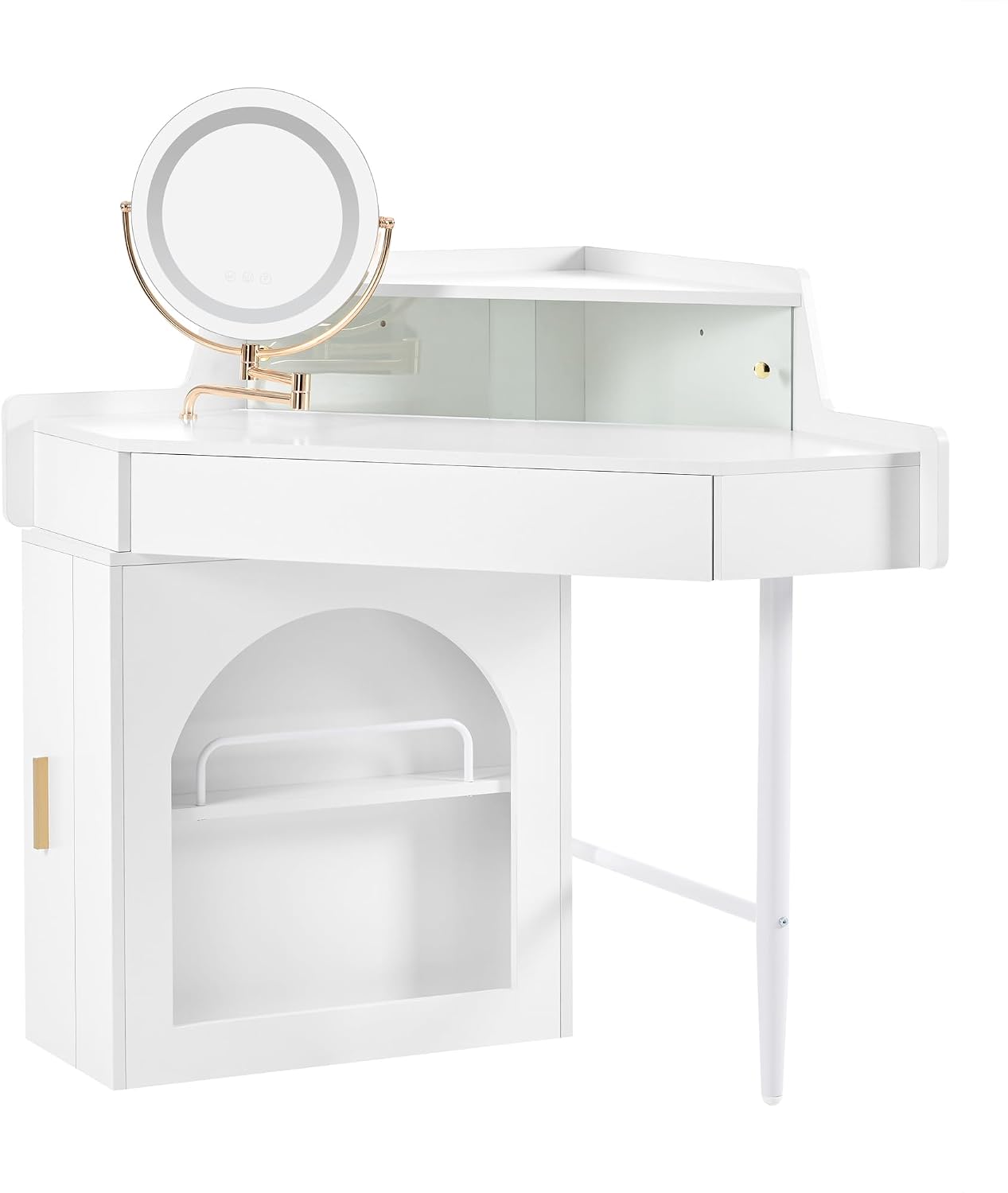 Corner Makeup Vanity Desk with Mirror LED Lights, Vanity Set with Mirror and Stool, Dressing Table with Large Storage for Small Place, Brightness Adjustable Folding Mirror, White