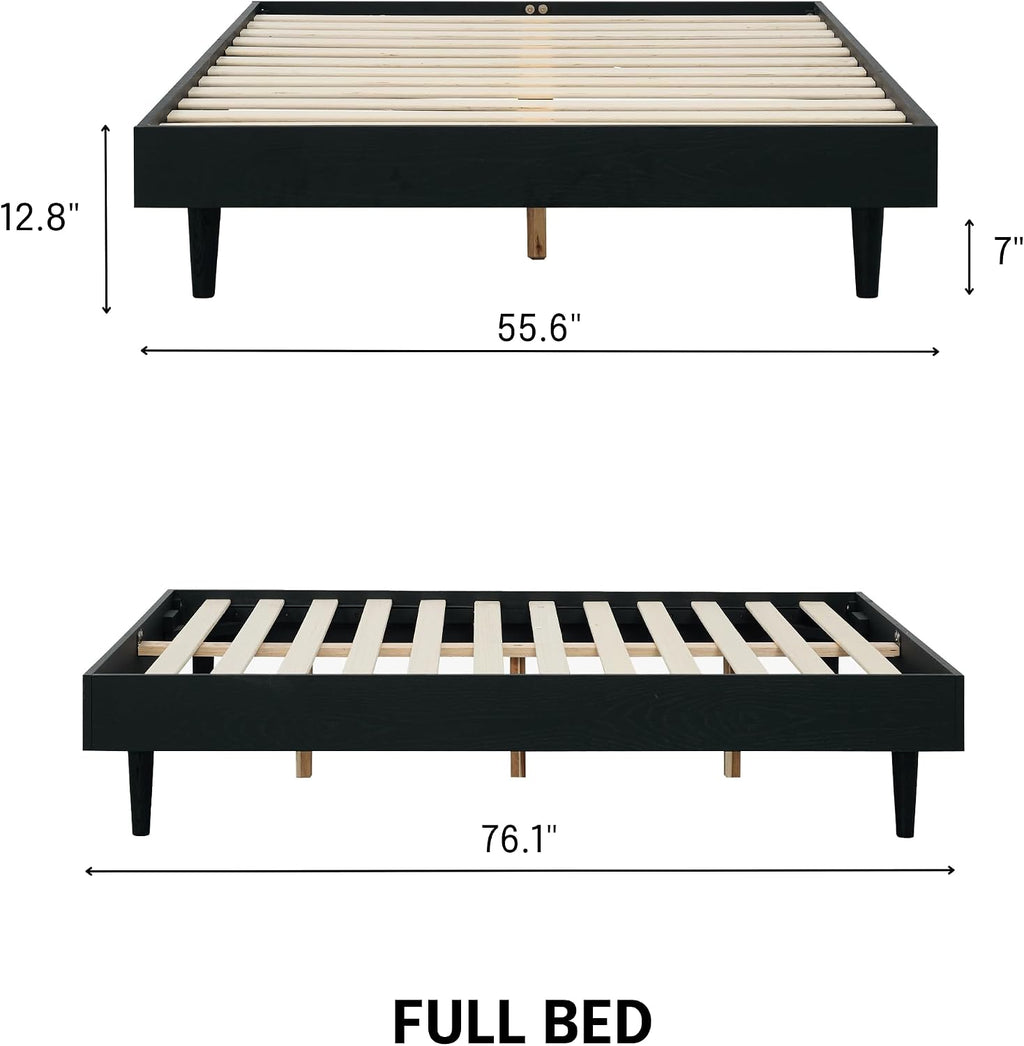 NTC Fly Wooden Bed Frame Without Headboard, Solid Wood Foundation with Silent Slats and Wood Central Supports, 1000 Lb Capacity, Effortless Assembly, Full - Burnt Black