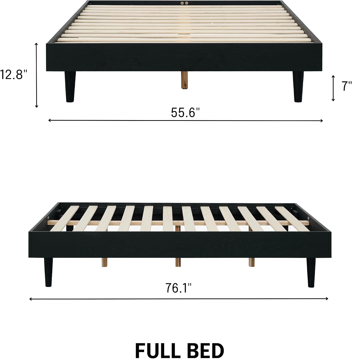 NTC Fly Wooden Bed Frame Without Headboard, Solid Wood Foundation with Silent Slats and Wood Central Supports, 1000 Lb Capacity, Effortless Assembly, Full - Burnt Black