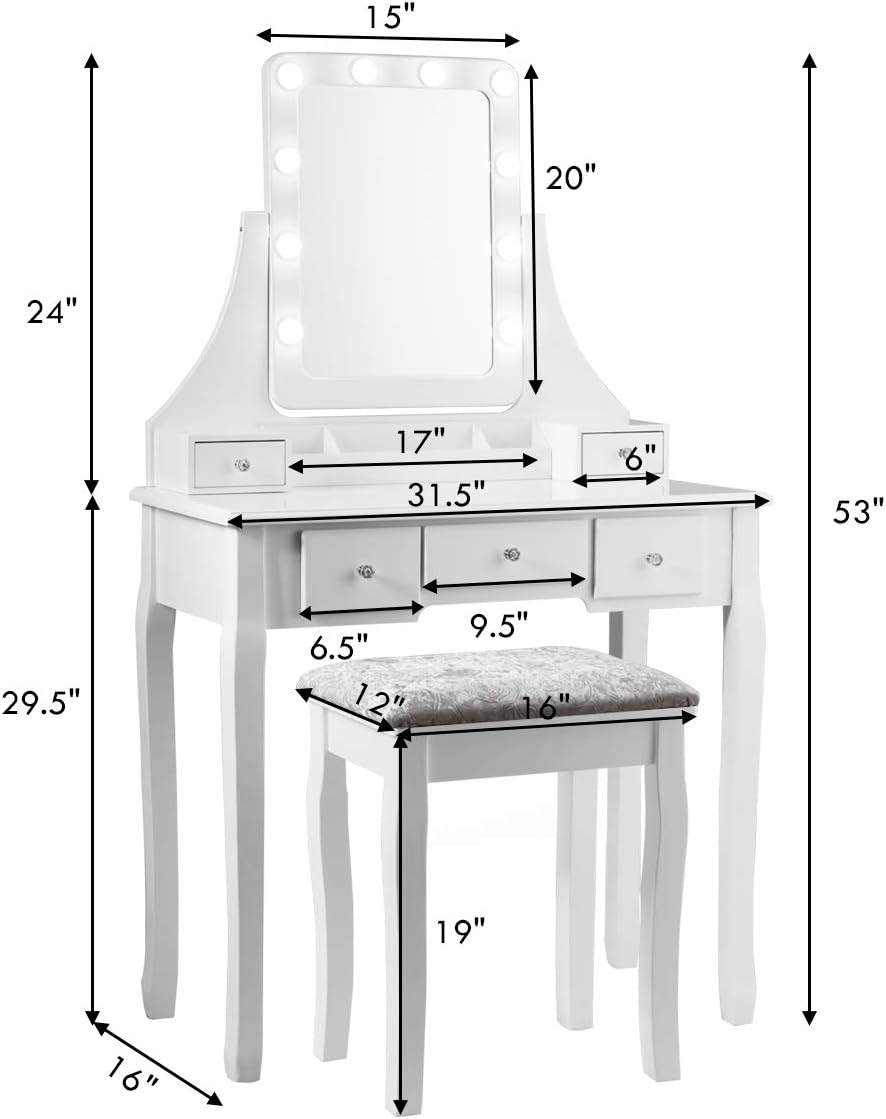 DORTALA Vanity Table Set w/ 360-Degree Rectangular Mirror & Cushioned Stool, Makeup Table w/ 10 LED Dimmable Bulbs, Bedroom Wood Dressing Table w/ 5 Drawers & Removable Box Organizer, White