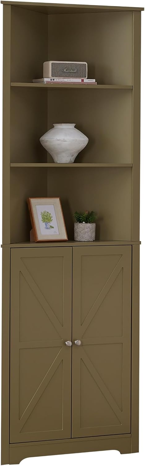 Kings Brand Furniture Tall Wooden Corner Cabinet with 2 Doors and 5 Shelves Storage Shelf Organizer, Home Space Saver, Bathroom, Kitchen, Living Room, Lemon Pepper
