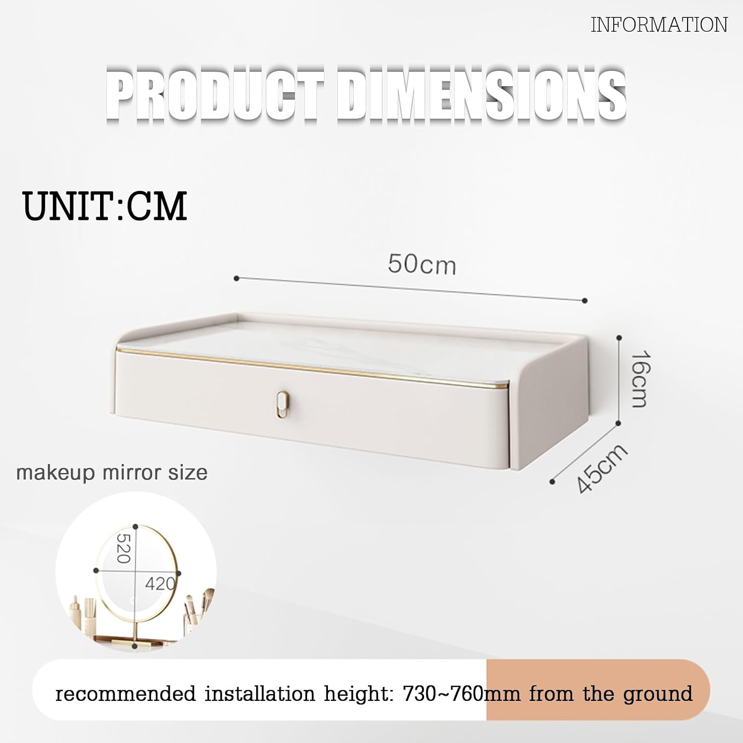 Simple Vanity Desk, Floating Vanity Makeup Table, with Drawers, Wall Mounted Makeup Vanity, Floating Desk, Simple Floating Corner Desk, Dressing Table for Small Spaces(White+Mirror,50cm)