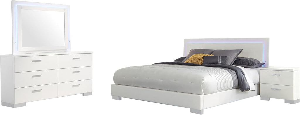 Coaster Home Furnishings Felicity Contemporary 4-Piece Bedroom Set Eastern King Size LED Panel Bed Frame 49-inch Headboard White High Gloss 203500KE-S4L
