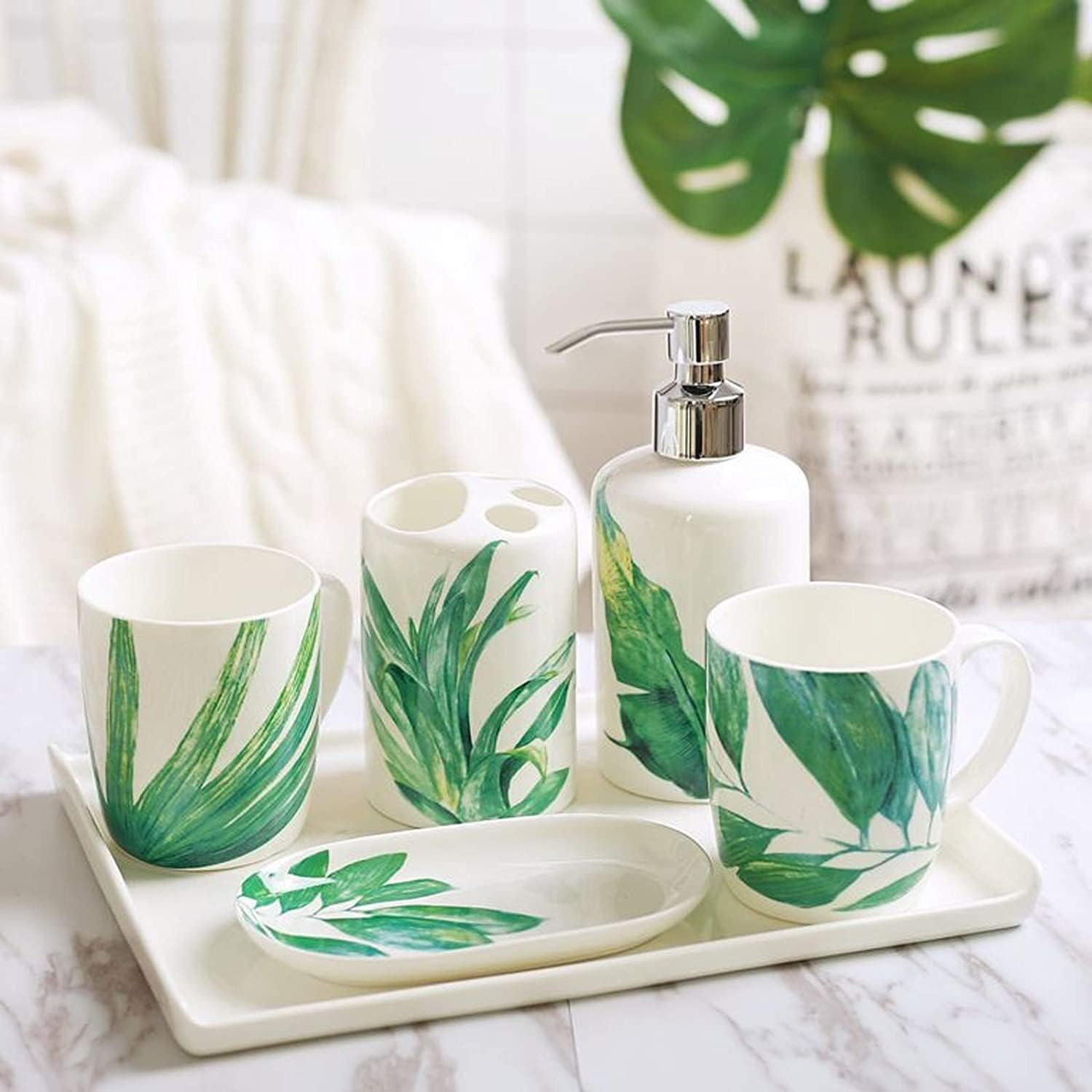 Vanity Bathroom Decor, White Bathroom Accessories Set Ceramic 5 Pieces Bathroom Ensemble for Bath Decor Tropical Plant Pattern Housewarming Gift(6-Piece Set)