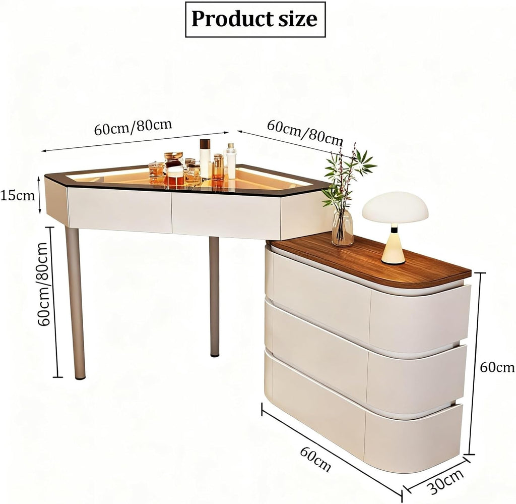 Modern L-Shaped Vanity Table, Makeup Vanity with Drawers & Side Cabinet, Corner Vanities Desk, Dressing Table Set, Jewelry Organizers, Solid Wood Storage Shelves for Bedroom(Black,60cm)