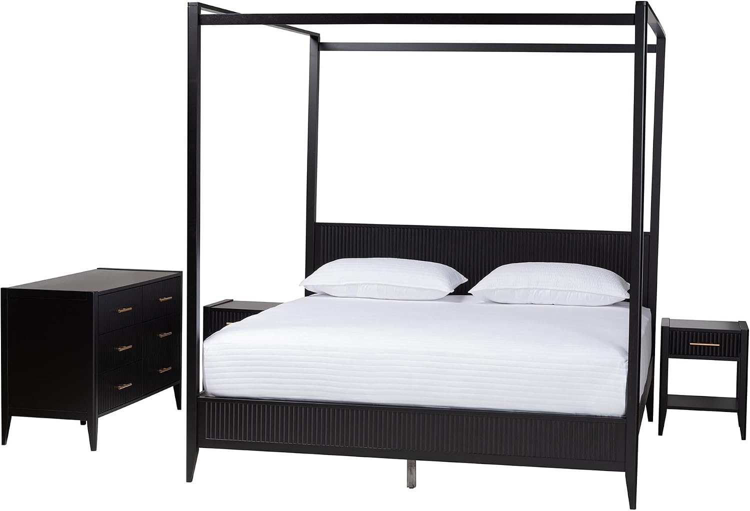 Baxton Studio Primrose Fluted Wood Canopy Bed Set, 4-Piece, King, Black