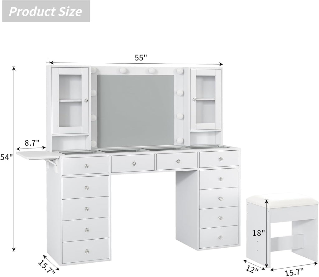 FUSOU 55'' Large Vanity Desk with Mirror and Lights, 12 Drawers Makeup Vanity with Power Olutlet, 2 Cabinets & Fold-up Panel, 3 Lighting Modes, Glass Top Vanity with Chair for Bedroom, White
