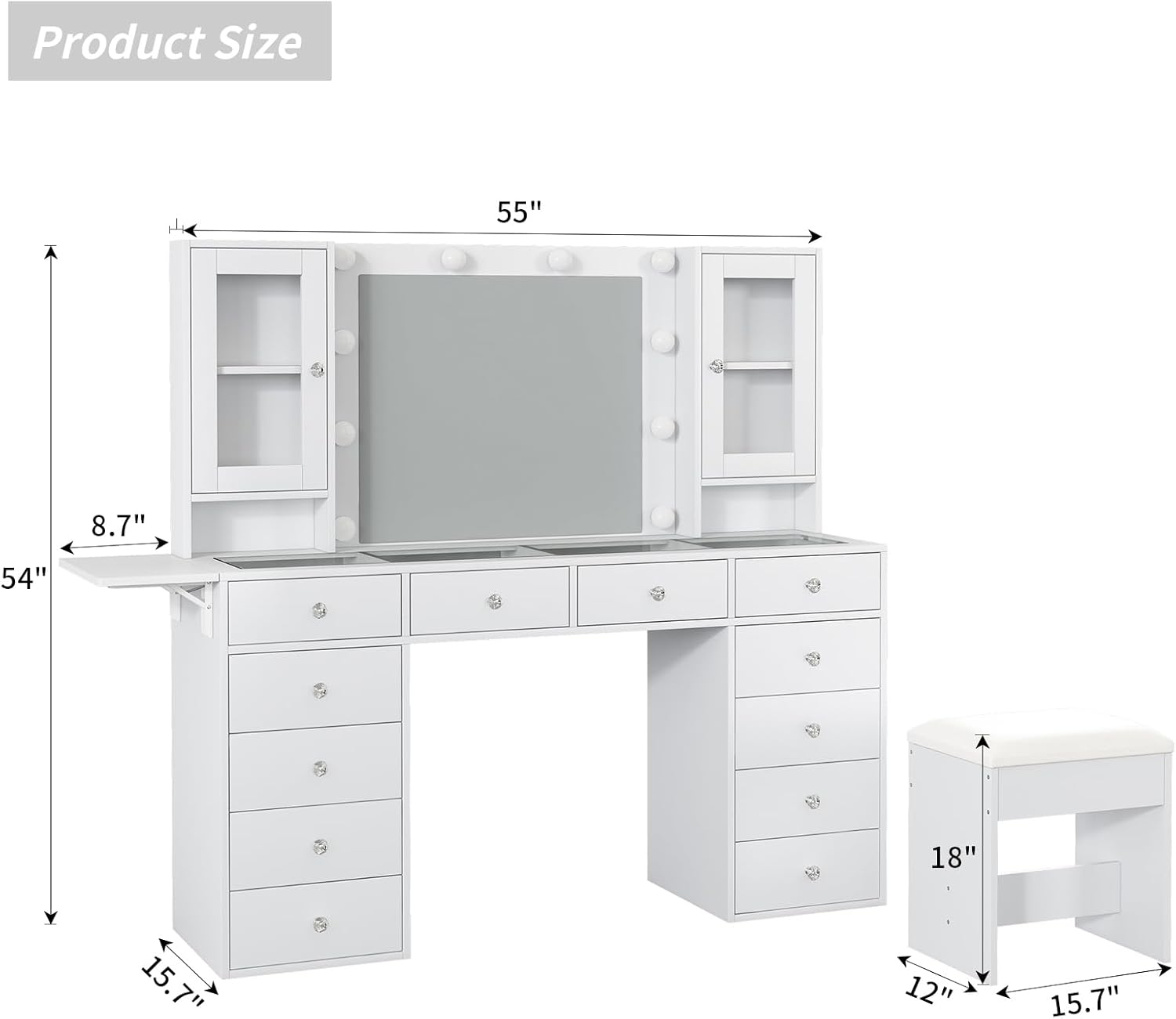 FUSOU 55'' Large Vanity Desk with Mirror and Lights, 12 Drawers Makeup Vanity with Power Olutlet, 2 Cabinets & Fold-up Panel, 3 Lighting Modes, Glass Top Vanity with Chair for Bedroom, White