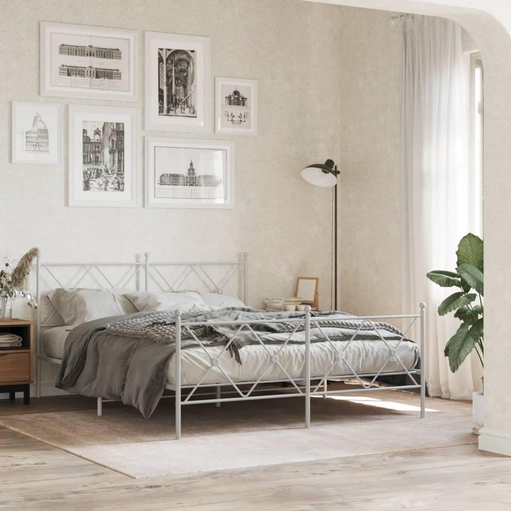 Metal Bed Frame with Footboard White Steel Platform Bed Frame Queen/Twin Size Underbed Storage Space Sturdy Metal Slats for Bedroom Furniture Guest Room