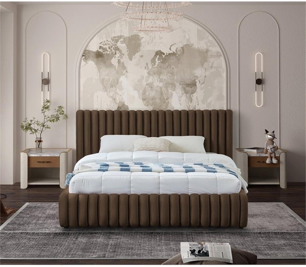 Pemberly Row Contemporary Queen Bed, 74' W x 91' D x 38' H, Rich Brown Velvet Upholstery, Deep Channel Tufting, Padded Headboard, Modern Style Bedroom Furniture, Elegant Design