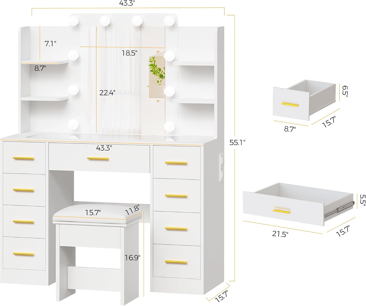 BEWISHOME Makeup Vanity Desk with Mirror and Lights White Vanity Table with Glass Top Power Outlet Stool,Makeup Desk with 9 Drawers and 4 Storage Shelves,Dressing Table for Bedroom Women FST39W