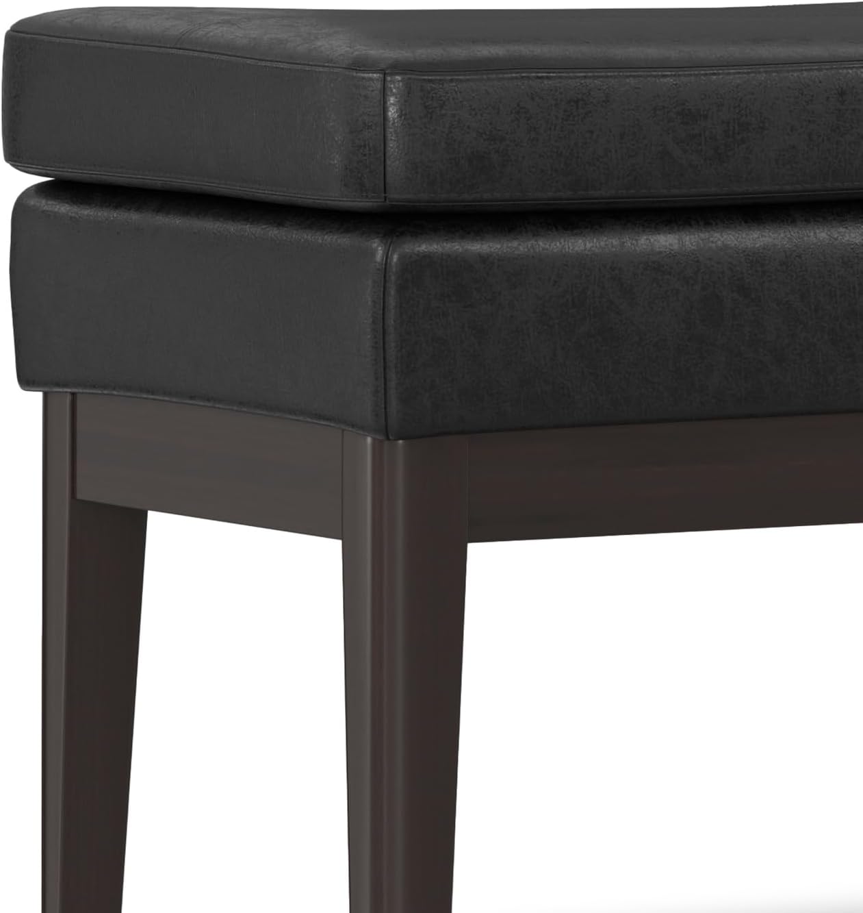 SIMPLIHOME Carlson Ottoman Bench - 45 inch Wide Upholstered Vegan Leather Rectangle Ottoman in Distressed Black, Mid Century Modern Bench for Bedroom, Entryway or Living Room with Padded Seat