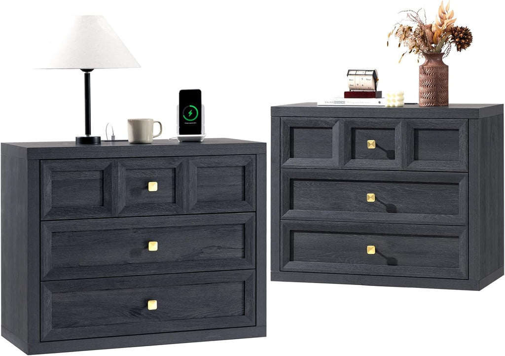 3 Drawers Nightstand W/Charging Station, 30.7' W King Size Bedside Table with 3 Drawers, Accent End Table W/Large Storage, Modern Wood Side Table for Bedroom,Office (1Piece, Gray Black)