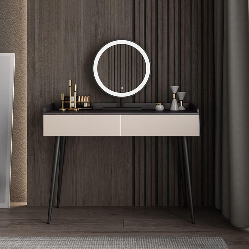 Vanity Benches Modern Bedroom Dresser Minimalist Small Unit Dresser Bedroom Vanity Desk with Two Drawers, One Stool and LED Mirror (Color : A)