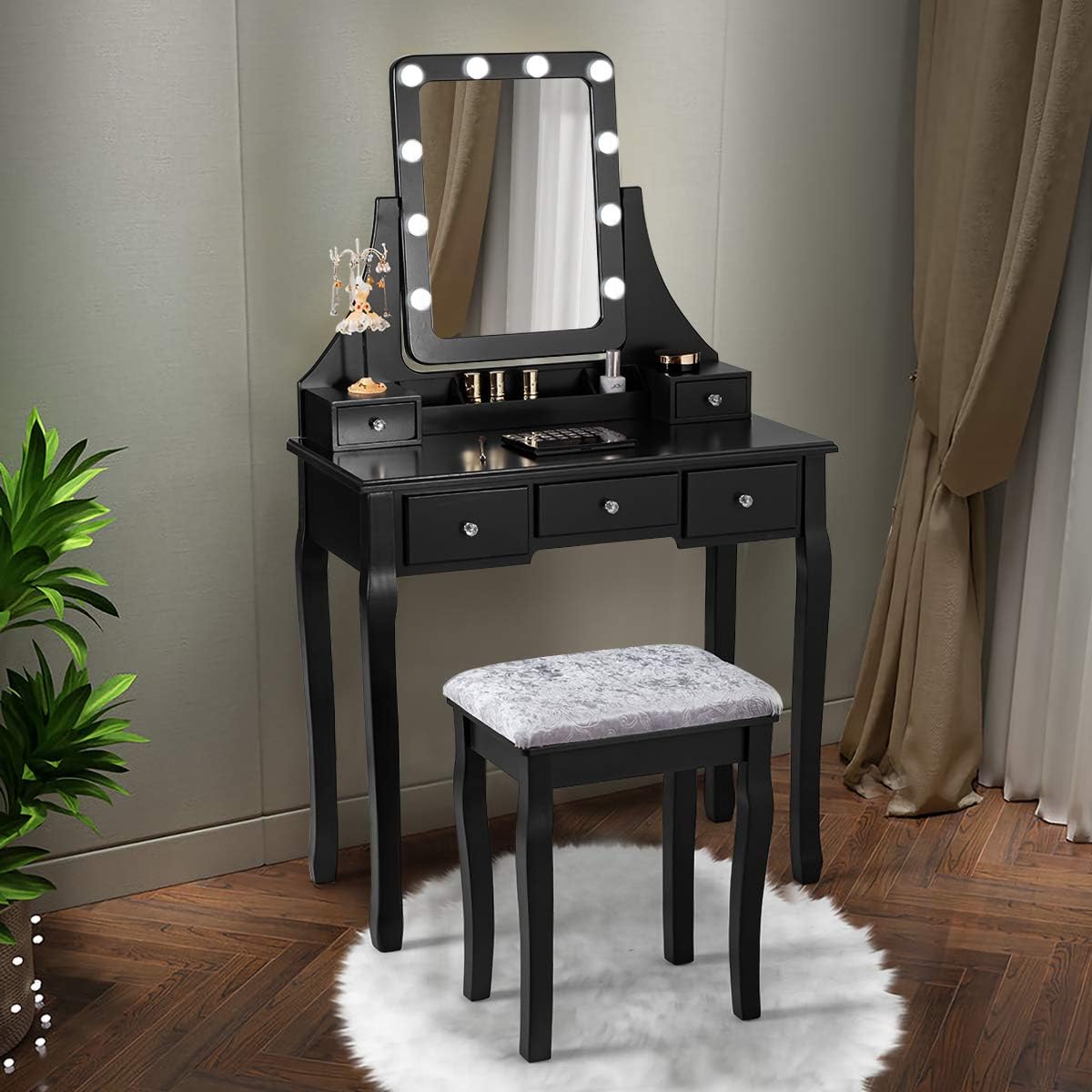 COSTWAY Vanity Desk Set with Lighted Mirror, 360° Swivel Vanity Mirror Desk with 10 LED Bulbs, Makeup Dressing Table with 5 Drawers, Vanity Table with Cushioned Stool for Bedroom, Women, Girls (Black)