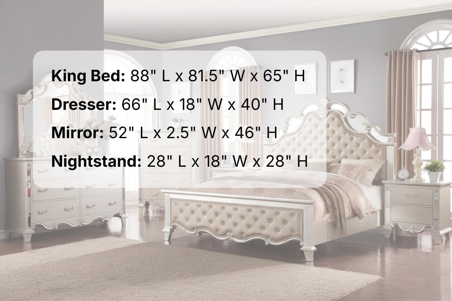 First of a Kind Sonia Contemporary 4 Piece King Bedroom Set with Upholstered Headboard Sleek Modern Design Coordinated Furniture Collection, Champagne