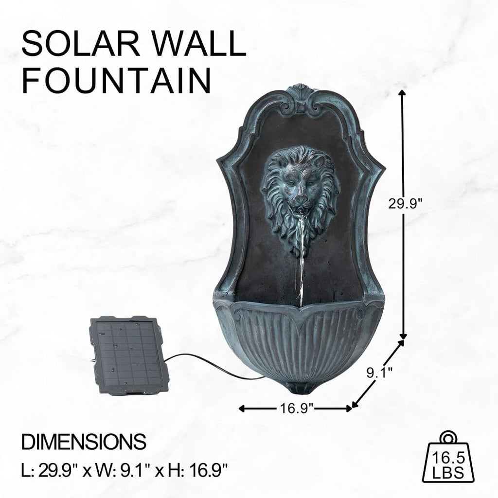 XBrand 29.9' Solar-Powered Wall-Mounted Lion Head Fountain, Resin, Outdoor, Gray
