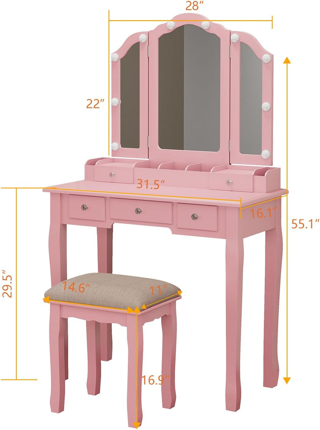 YIXHQ Vanity with Lights Girls Vanity Desk Set with Drawers Makeup Vanity Desk with Mirror and Lights Make Up Pink Makeup Vanity for Girls Table with Stool