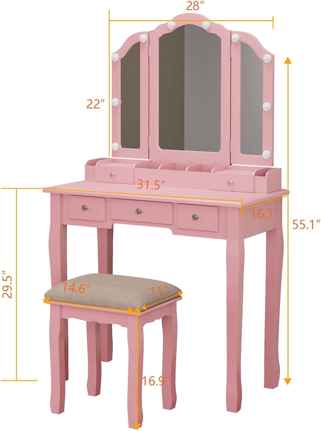 YIXHQ Vanity with Lights Girls Vanity Desk Set with Drawers Makeup Vanity Desk with Mirror and Lights Make Up Pink Makeup Vanity for Girls Table with Stool
