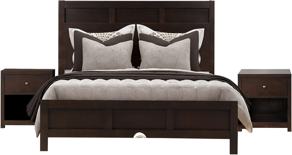 3 Pieces Queen Size Bedroom Furniture Set, Solid Wood Queen Size Platform Bed + 2 Night Stand, Platform Bed with Center Support Legs, Rustic Inviting Classic Brown, Distressed, Slightly Rustic Look
