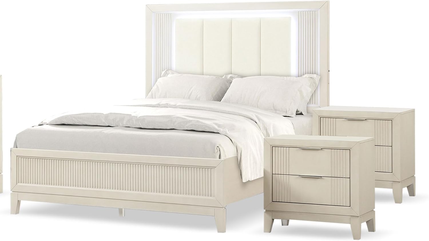 Furniture of America Oberlin Modern Wood 3-Piece Bedroom Collection with Bed Frame and 2-Drawer Nightstands Set of 2, Box Spring Required, Antique White, Queen