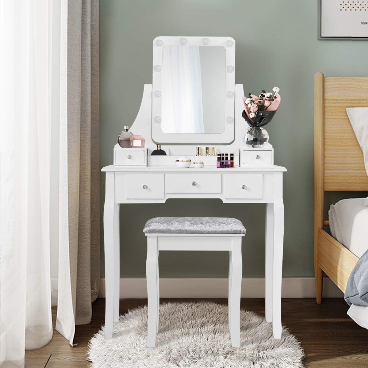 COSTWAY Vanity Desk Set with Lighted Mirror, 360° Swivel Vanity Mirror Desk with 10 LED Bulbs, Makeup Dressing Table with 5 Drawers, Vanity Table with Cushioned Stool for Bedroom, Women, Girls (White)