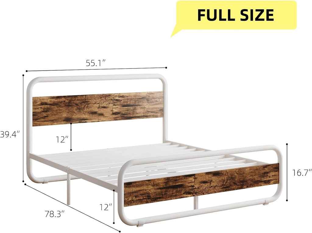 Catrimown Full Size Bed Frame with LED Lights, Heavy Duty Metal Rustic Platform Bed Frame Full Size with Wood Headboard, Noise Free, No Box Spring Needed, White