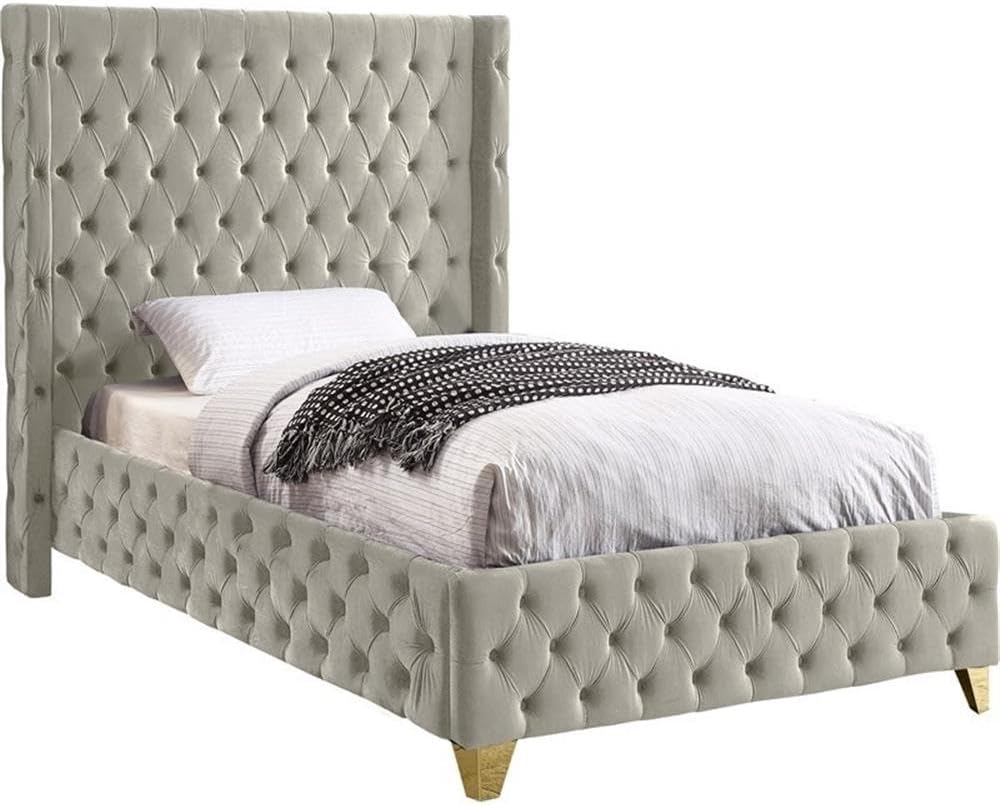 Meridian Furniture SavanCream-T Savan Collection Modern | Contemporary Velvet Upholstered Bed with Deep Button Tufting in Gold or Chrome Finish, 50' W x 81' D x 56' H, Cream, Twin