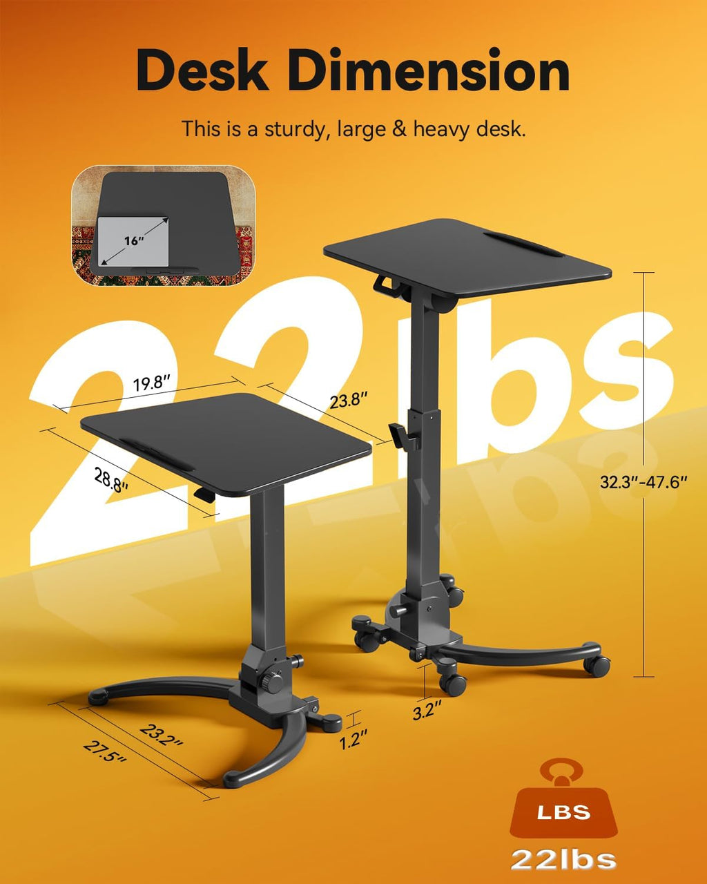JOY worker Foldable Mobile Standing Desk, Upgraded Height Adjustable Rolling Desk, Max Height 47.6', 90° Tiltable Board & Base, Portable Workstation with Moveable Wheels, Holds Up to 22lbs, Black
