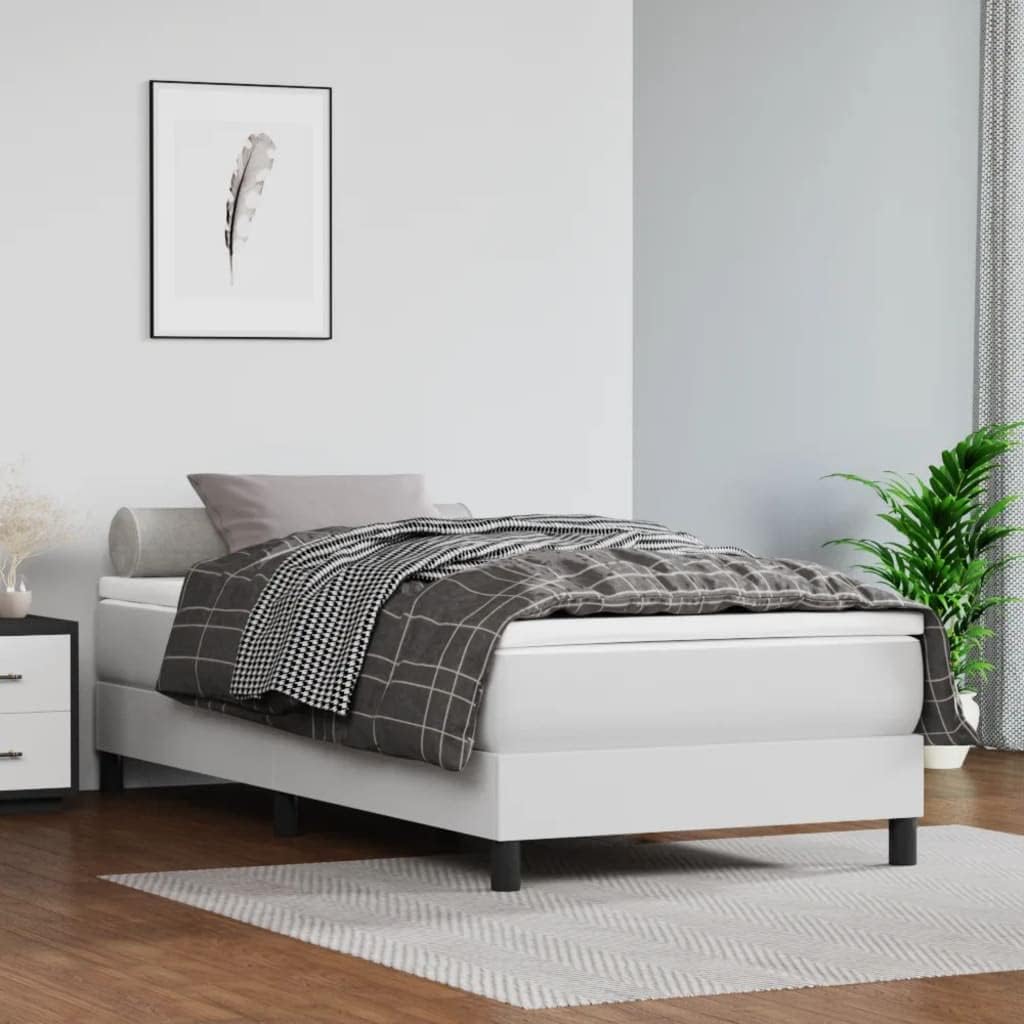 White Faux Leather Twin Bed Frame with Plywood Construction, Modern Minimalist Design for Bedroom, Durable Engineered Wood Structure, Space Saving Furniture for Small Rooms