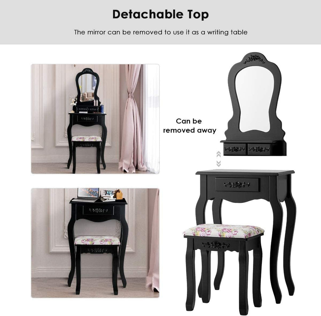 LDAILY Vanity Table Set with Cushioned Stool, Makeup Table with Clear Mirror & 3 Storage Drawers, Multipurpose Writing Desk, Bedroom Bathroom Small Space Dressing Table and Bench for Girl (Black)