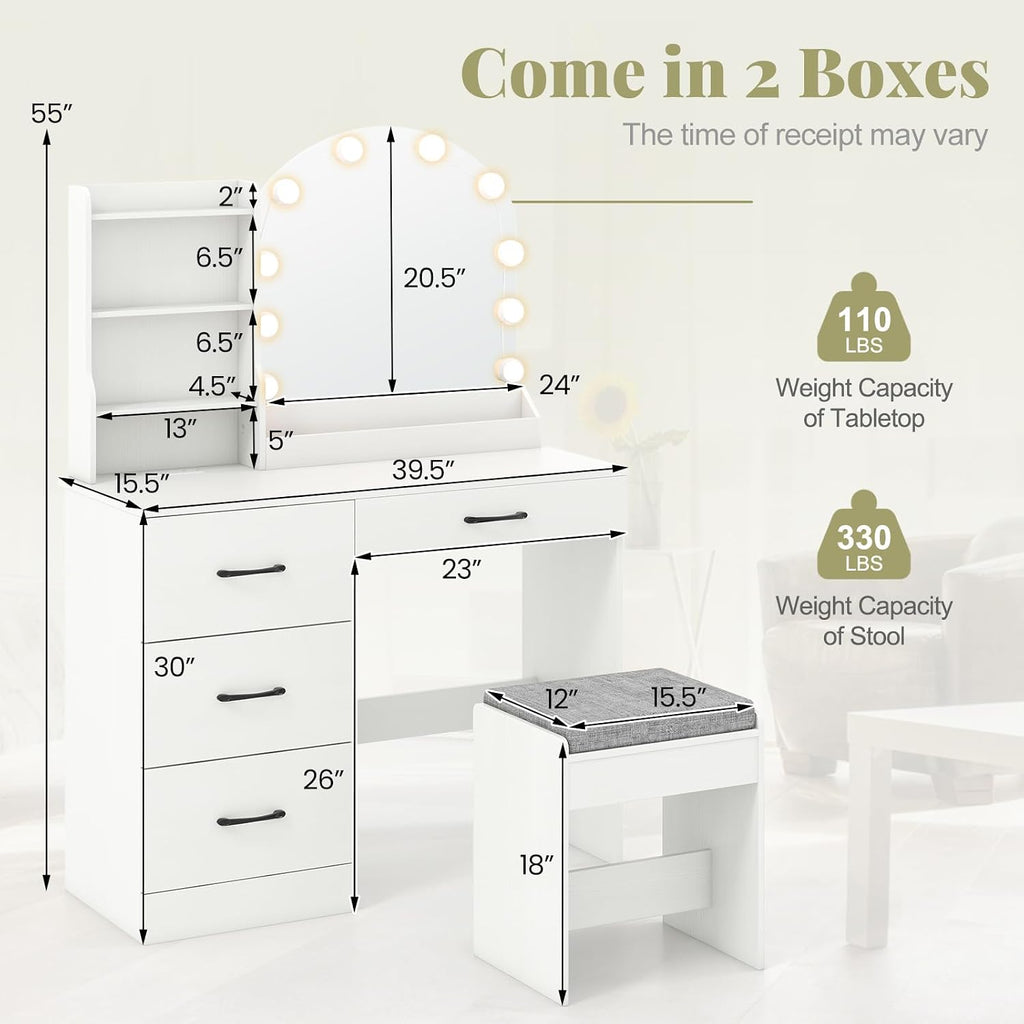 CHARMAID Vanity Desk with Mirror and Lights, White Makeup Vanity Desk with 4 Drawers, Storage Shelves, Charging Station, 3 Lighting Modes, 40 inch Large Vanity Dressing Table with Stool for Bedroom