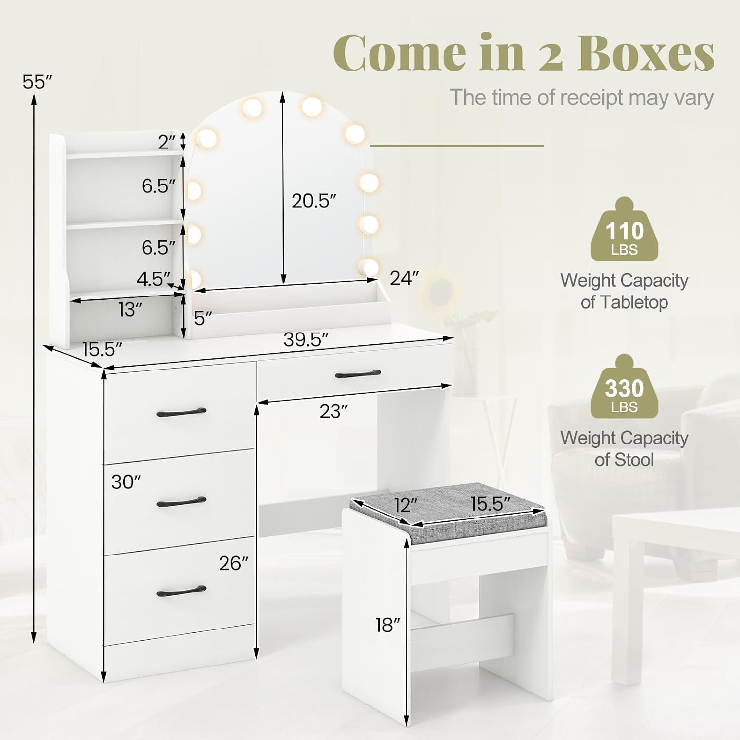 CHARMAID Vanity Desk with Mirror and Lights, White Makeup Vanity Desk with 4 Drawers, Storage Shelves, Charging Station, 3 Lighting Modes, 40 inch Large Vanity Dressing Table with Stool for Bedroom