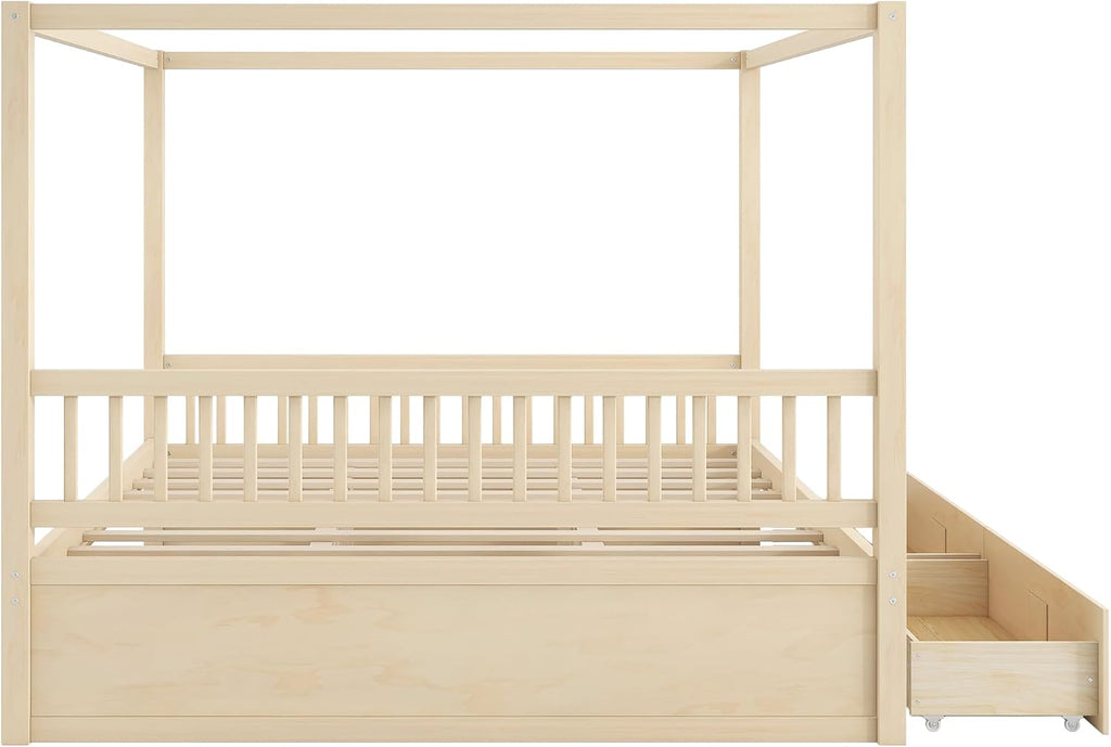 Canopy Bed with Storage Drawers, Wooden Bed Frame with Slat for Bedroom,No Spring Box Needed (Natural, King (U.S. Standard))