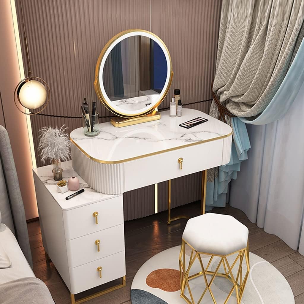 Vanity Benches Vanity Dressing Table Set with Lighted Mirror, Makeup Table with Drawers and Stool for Bedroom White (Color : A)