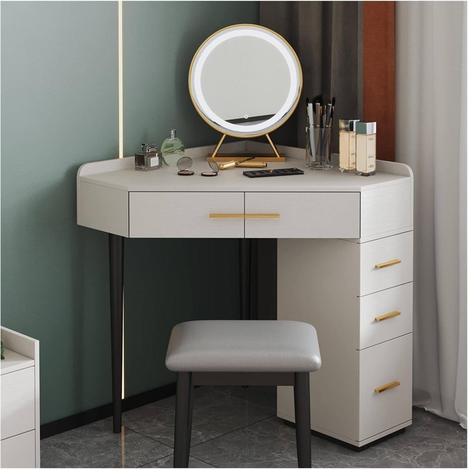 Makeup Vanity Desk Vanity Table Home Bedroom Small Apartment Dressing Corner Makeup Mirror Stool with Drawer Side Cabinet Dresser
