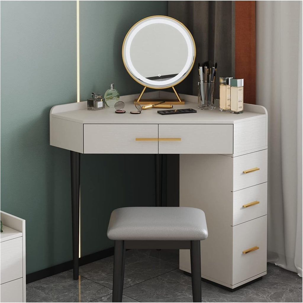 Makeup Vanity Home Bedroom Dressing Table Corner Makeup Table Makeup Mirror Makeup Stool with Drawer Side Cabinet Dresser Wooden Vanity