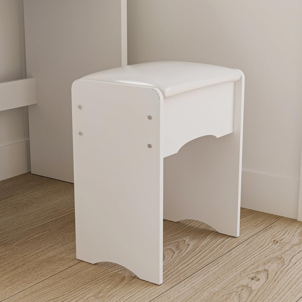 FUFU&GAGA White Vanity Set with Round Mirror, Makeup Vanity Bedroom Dressing Table with 5 Drawers, Shelves, Dresser Desk and Cushioned Stool