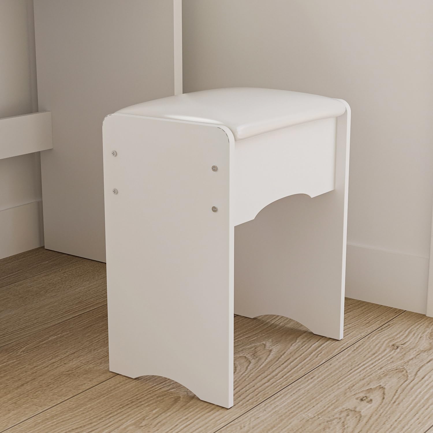 FUFU&GAGA White Vanity Set with Round Mirror, Makeup Vanity Bedroom Dressing Table with 5 Drawers, Shelves, Dresser Desk and Cushioned Stool