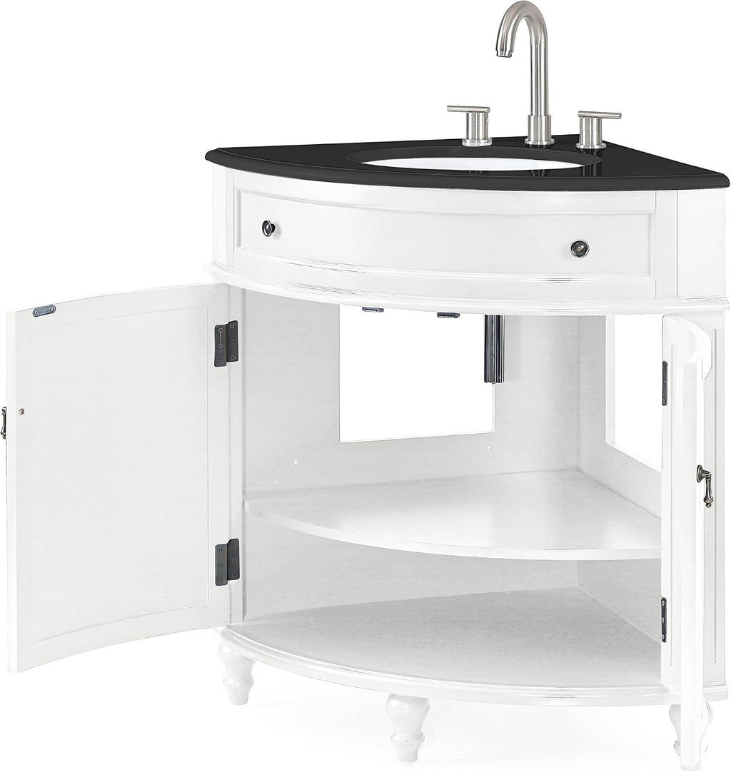 Tennant Brand 24-Inch Triadsville Free Standing Corner Bathroom Sink Vanity for Small Space, Fully Assembled, White Porcelain with Black Granite Top, White Cabinet