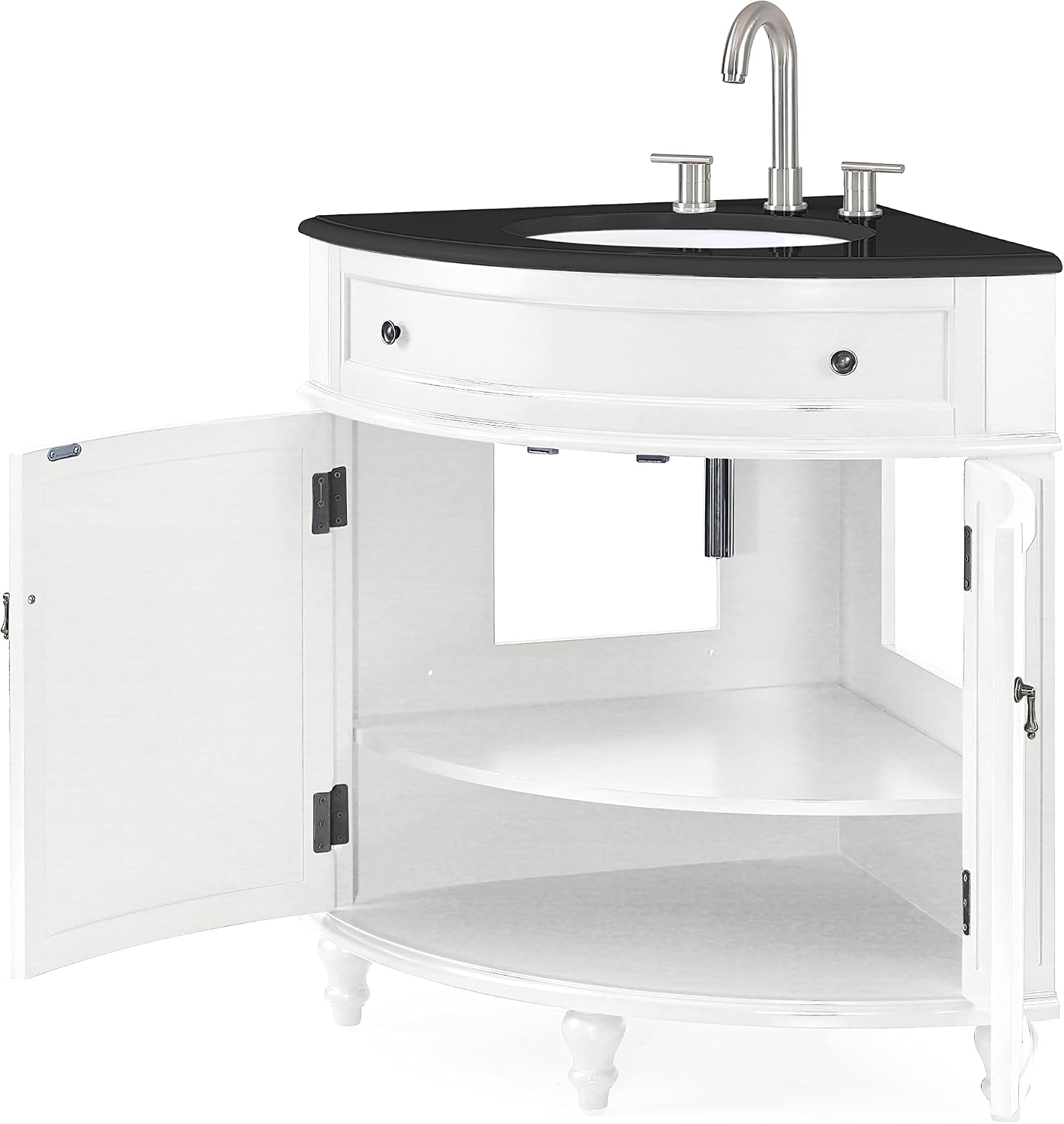 Tennant Brand 24-Inch Triadsville Free Standing Corner Bathroom Sink Vanity for Small Space, Fully Assembled, White Porcelain with Black Granite Top, White Cabinet