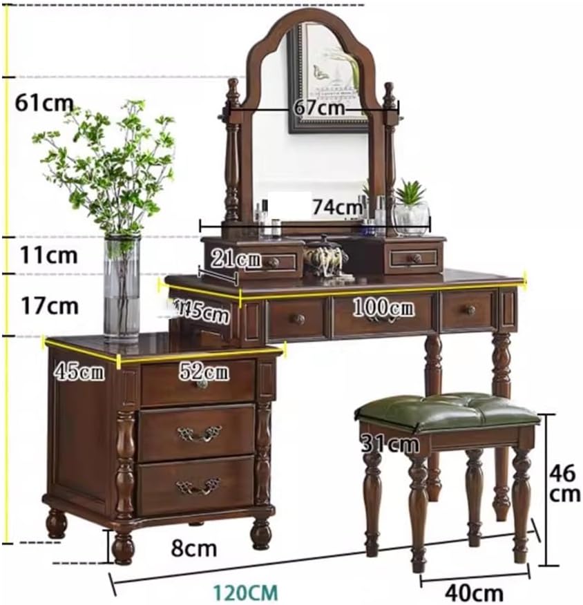Vanity Desk Vintage Solid Wood Vanity Table with Makeup Mirror Stool & Dresser Chic Bedroom Retro Desk