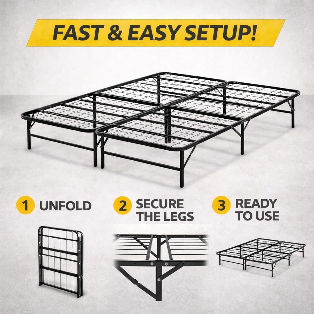 Greaton, 14-Inch Foldable Metal Platform Bed Frame with Tool Free Setup, Sturdy Steel, No Box Spring Needed, Full, Black