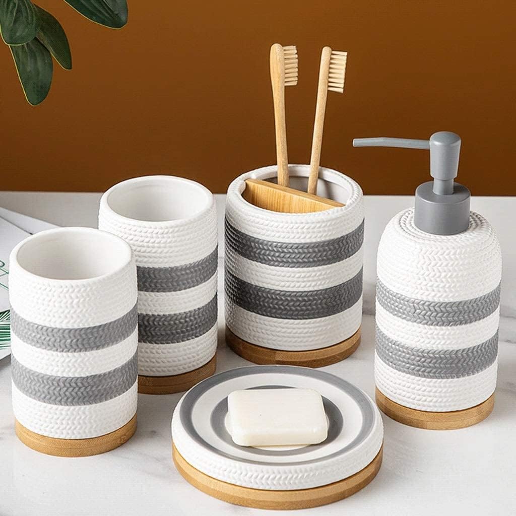 Vanity Bathroom Decor, Soap Dispenser 5 Piece Bathroom Accessories Set, Hand Painted Wheat Stripes Bath Ensemble, Ceramic Bath Set Housewarming Gift
