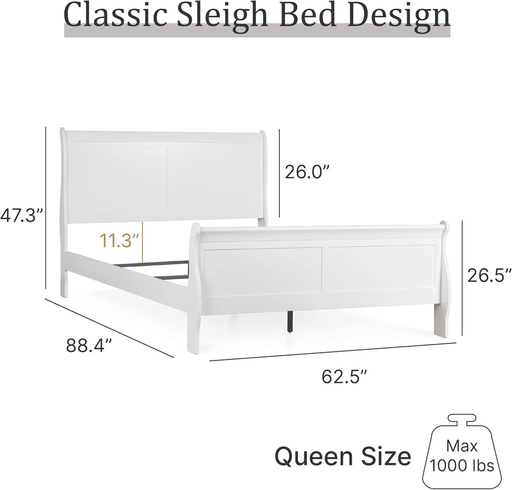 Furniture of America Louis Philippe Traditional Solid Wood 3 Piece Bedroom Set, Queen Bed Frame and Nightstands Set of 2, Sleigh Design Bedframe with Headboard and Footboard, Box Spring Needed, White